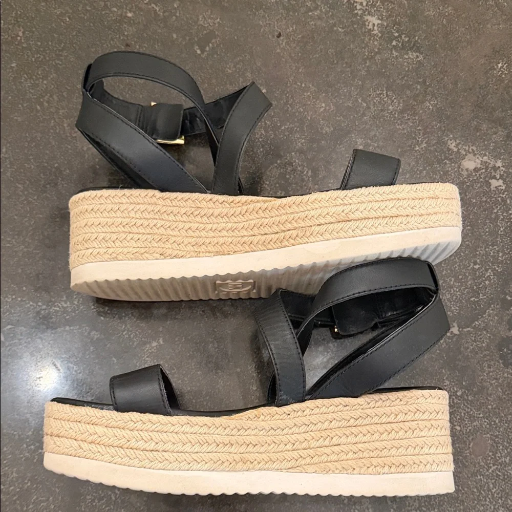 MICHAEL Michael Kors Black Espadrille Wedge Sandals with Gold-Tone Buckle